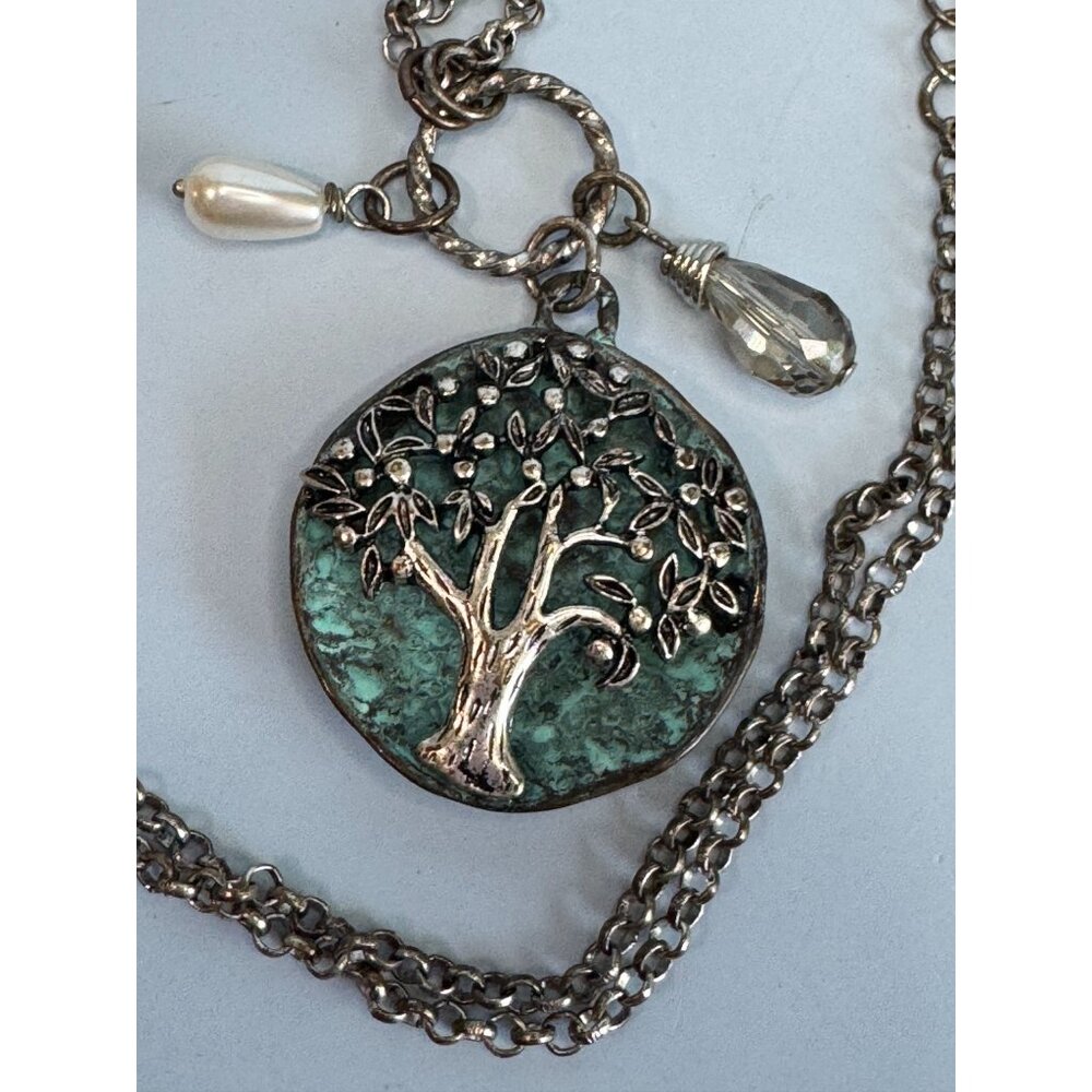 Tree Of Life Pendant Necklace on Blue Enamel Disc Pearl Crystal Charms Silver-To - Picture 3 of 6